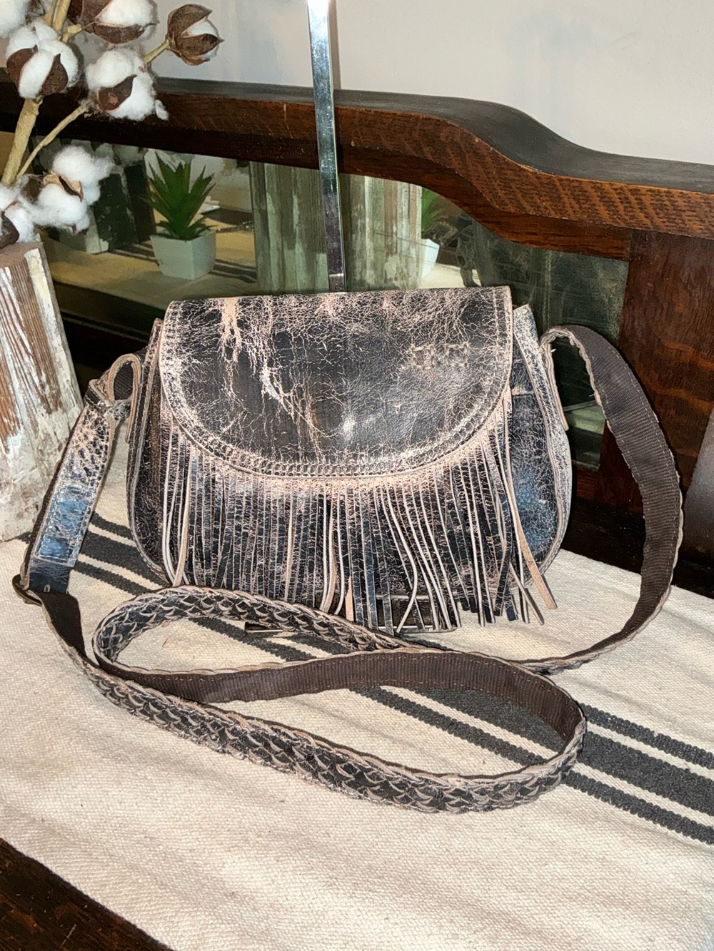 Bed Stu Leather Eastend Fringe Crossbody Bag Clutch Black Lux MSRP $165
